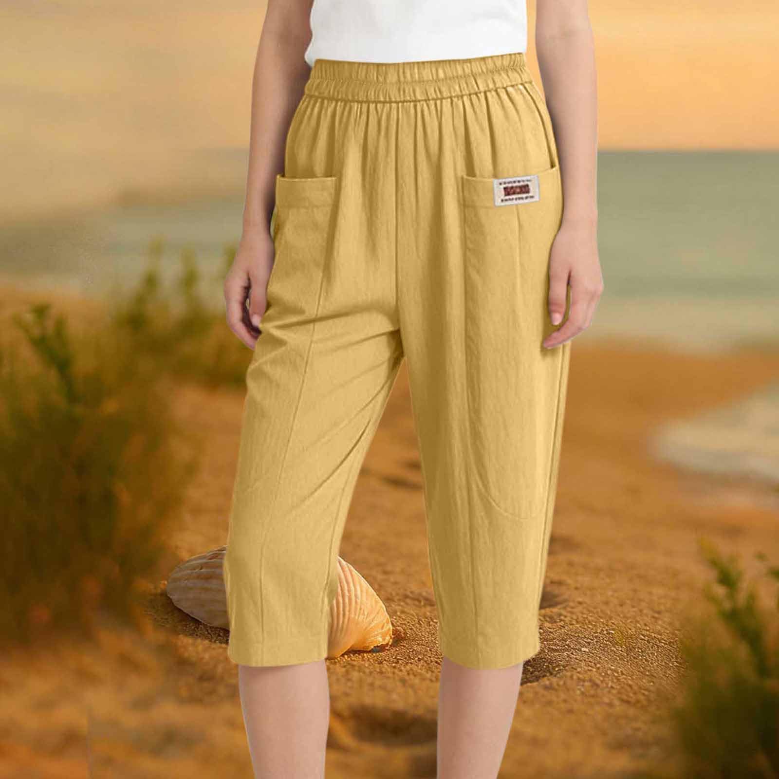 

Women s Cotton And Linen Capried Pants Summer Elastomer Waist Haren Pants All- Casual Pants L жовтий