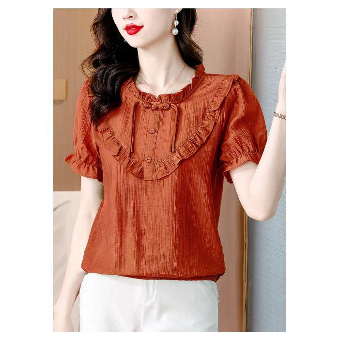 

Женская блузка из тенсела с коротким рукавом, пуговицами-лягушками и оборками XL (100-115 jin) оранжевый