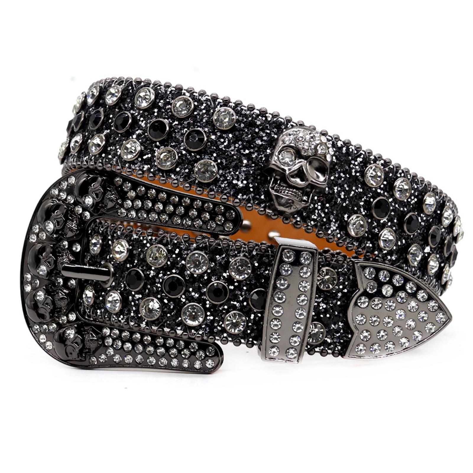 

Shinning Diamond Waist Belts with Skull Buckle for Rock Fan Adjust Length Belt for Teens Woman Jeans Skirt Decorative 110cm