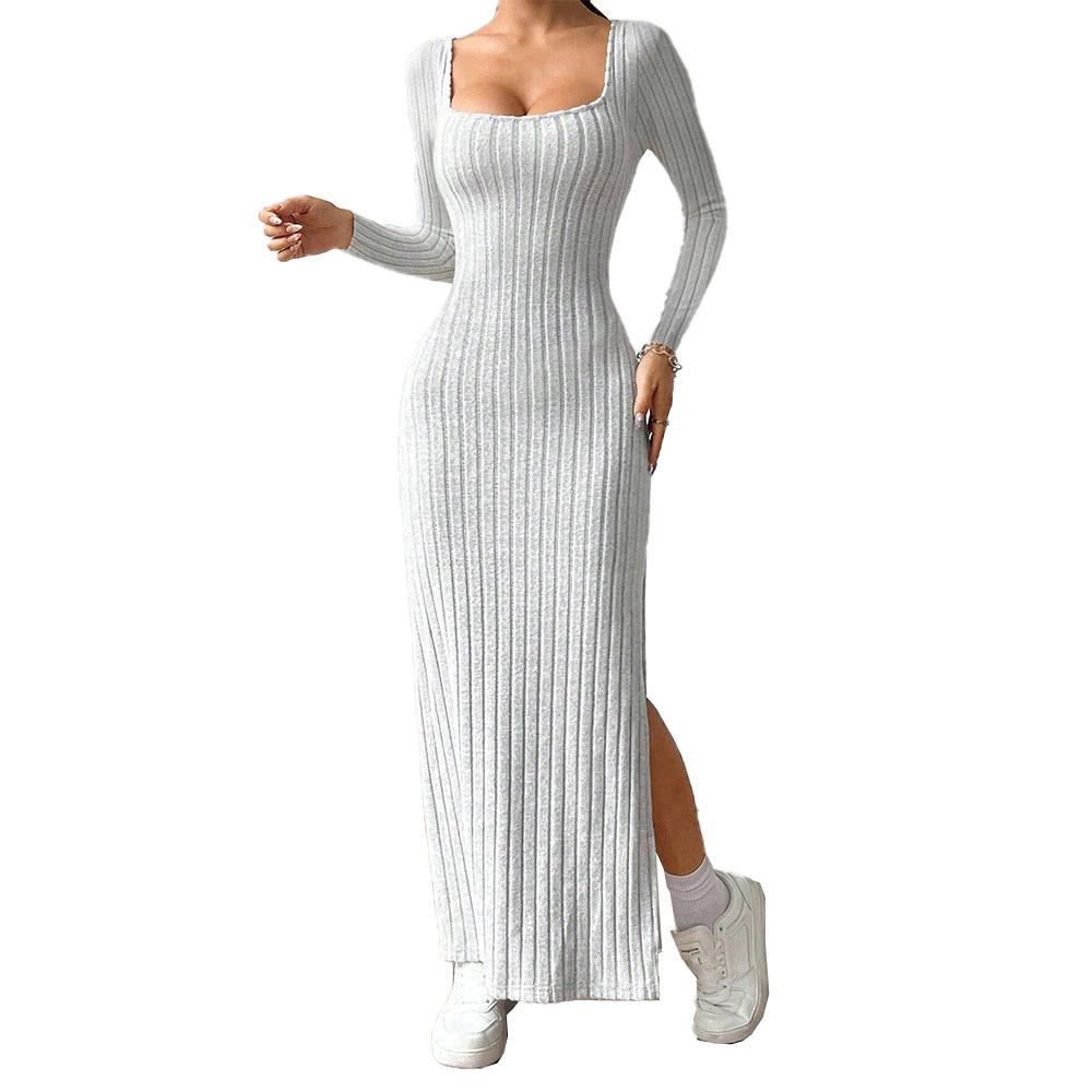 Women's simple and elegant dress autumn and winter square collar backless design sense long sleeve medium and long dress