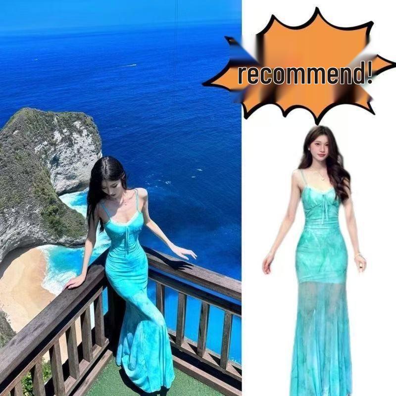 French Floral Spaghetti Strap Lotus Fishtail Dress – Elegant and Sexy Summer Style Medium