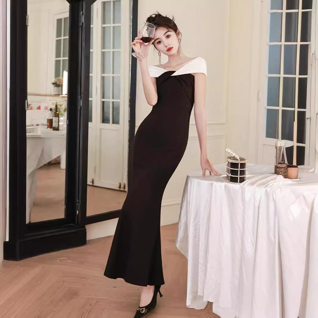 Evening dress women's summer new fishtail long wedding banquet dress sexy elegant shoulder dress