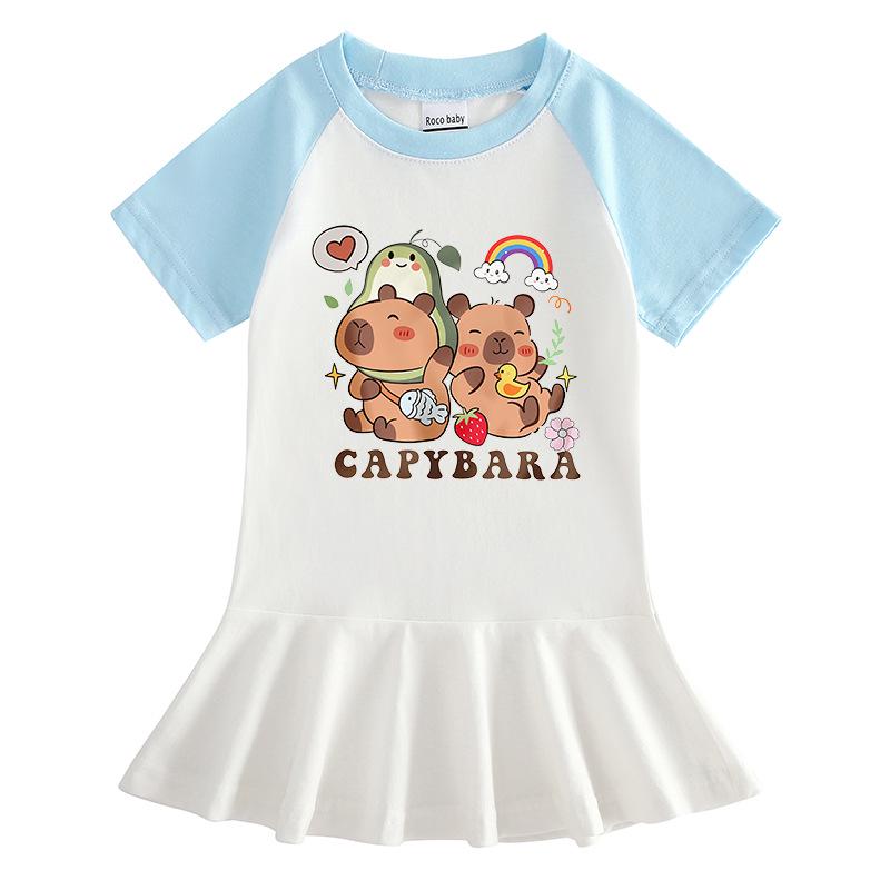 Summer Girls' Cartoon Raglan Short Sleeve Pleated Dress with Ruffle Skirt