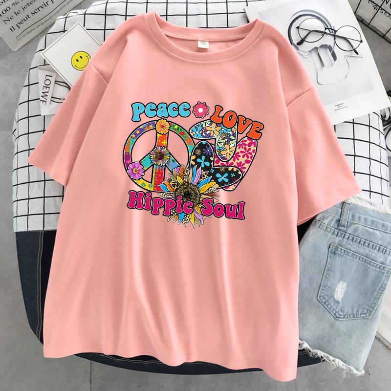 Peace Love Hippie Soul Printing Female T-Shirt Summer Cool Short Sleeve Breathable Cotton Tops Street Loose T Shirt Women