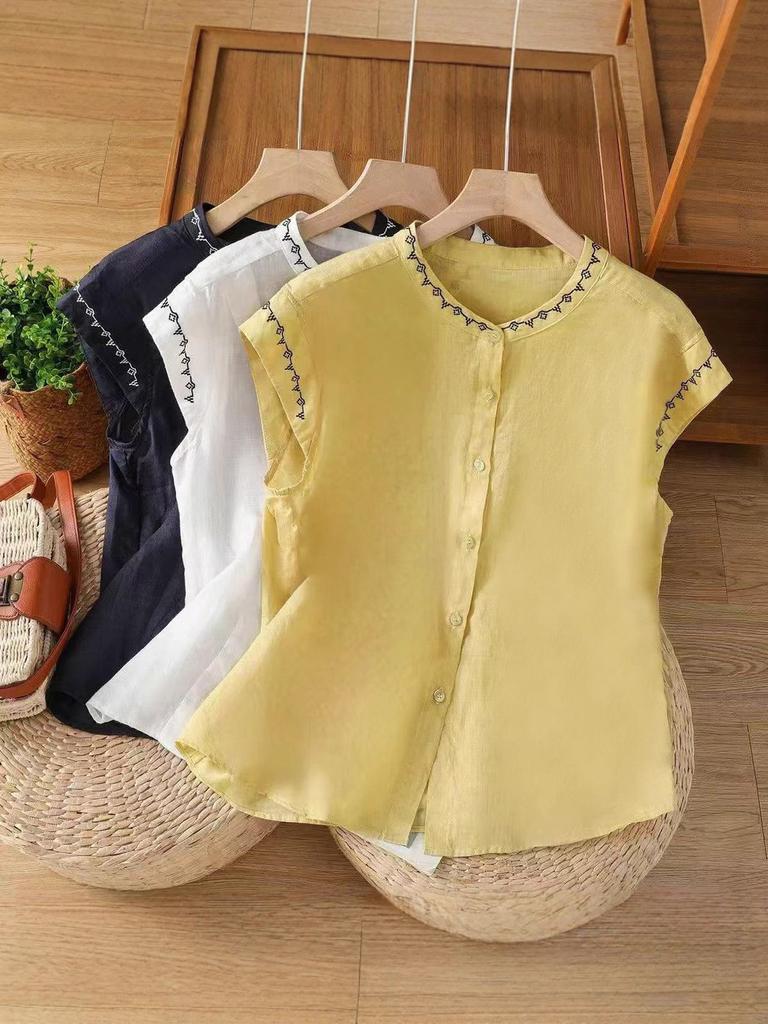 Cotton Embroidered Sleeveless Blouse For Summer Casual Women
