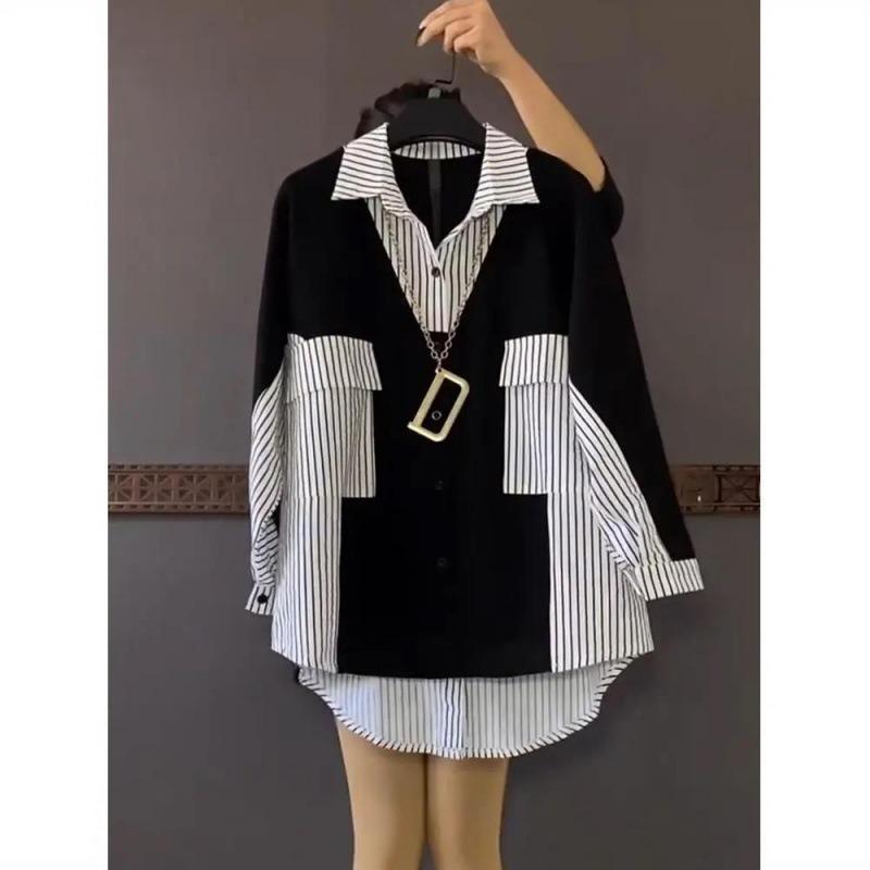 Cămașă de vară pentru femei mărime mare, largă și mulată, de lungime medie și lungă, cu dungi contrastante, top fashion pentru a acoperi imperfecțiunile