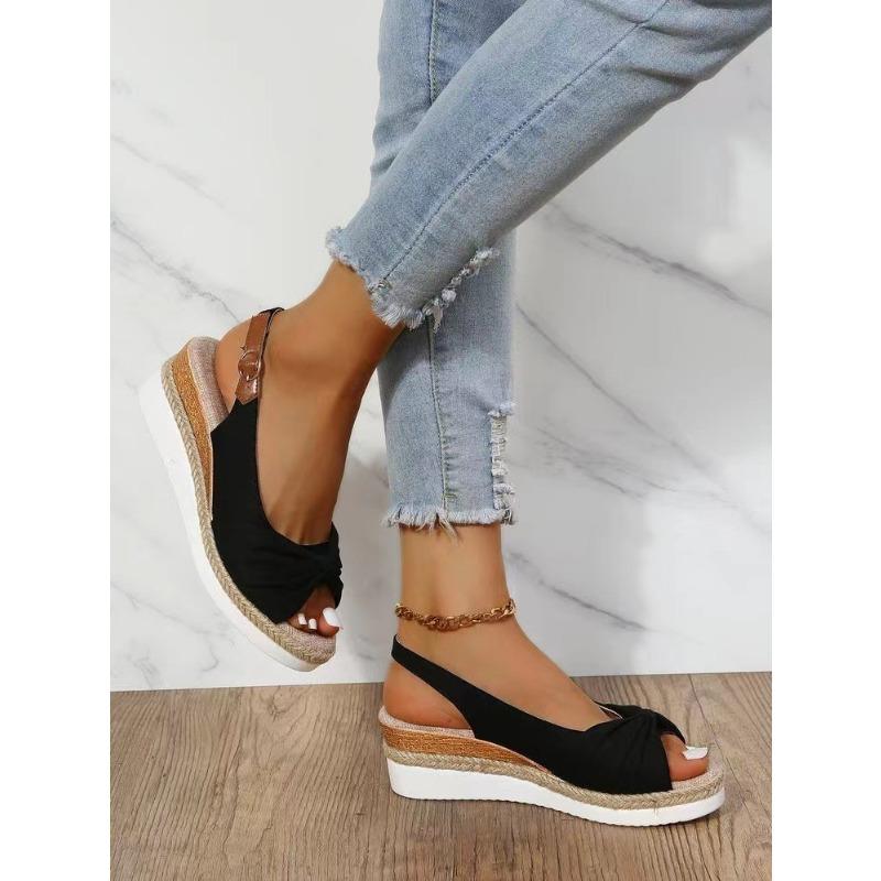 New Sandals Large Size Foreign Trade Hemp Rope Bow Wedge Casual Sandals Women's Shoes