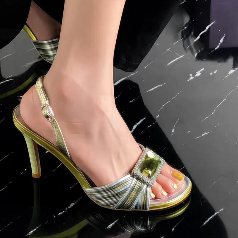 Summer Women's High Heels, Vintage Rhinestone And Gemstone Sandals, Peep-toe Color-blocked High Heels And Slippers.