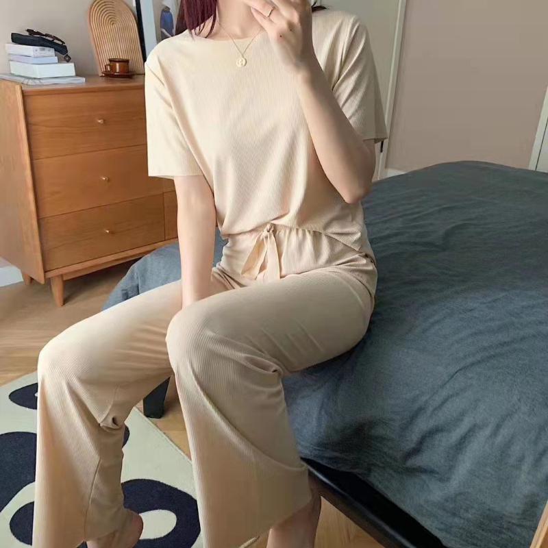 Ice Silk Pyjamas Kvinner Solid todelt sett Sommer Natttøy Kortermet Høst Koreansk Klassisk Basic Elegant Chic Trend