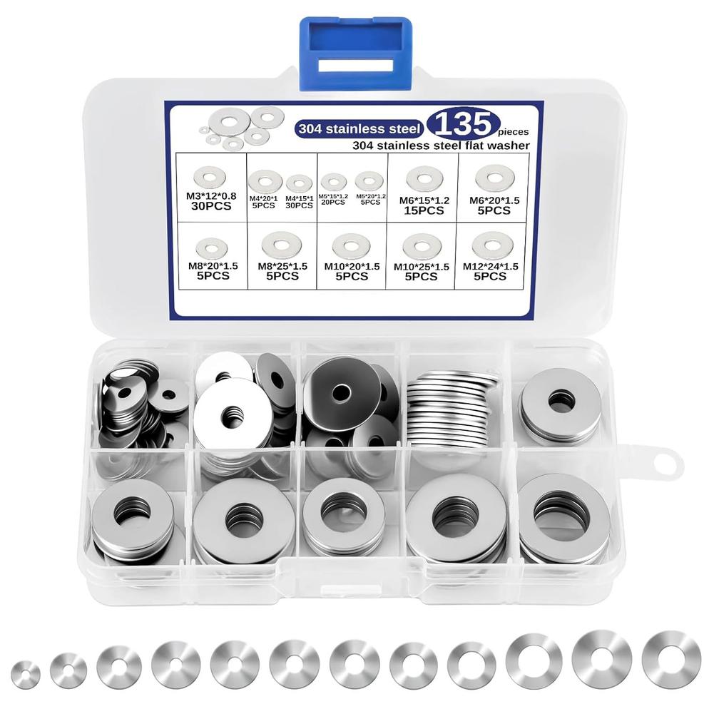 Metal Washers 135 Pieces 304 Stainless Steel 12 Sizes to for Enhanced Stability and Vibration Resistance in Assembly Work