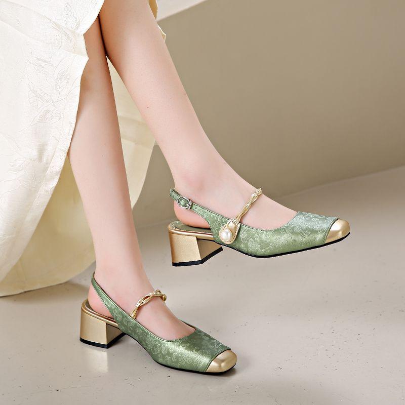 Nouveau Style Chinois Style National Sandales Baotou Chaussures Mary Jane à Talons Moyens pour Femmes Été Tempérament Talon Épais Talon Haut Chaussures Simples