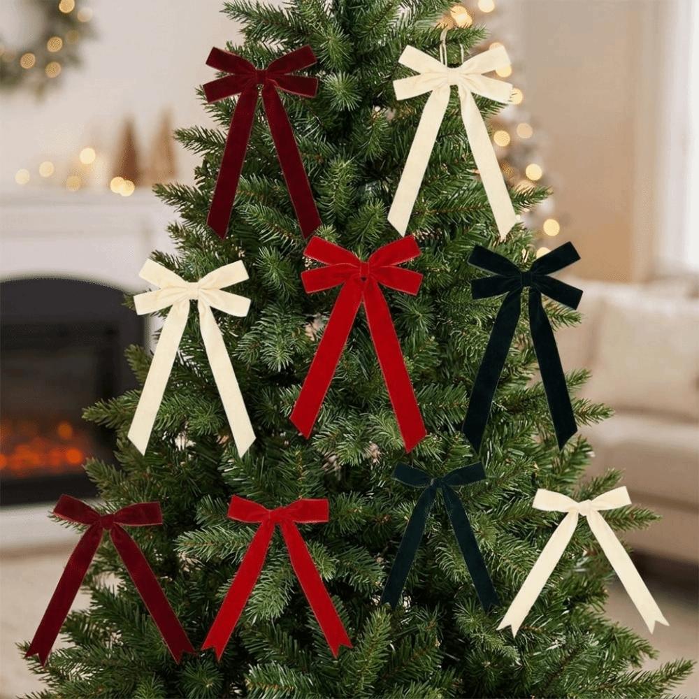 4PCS Long Ribbon Christmas Tree Bows Single/Double Ear Bow Xmas Gift Box Bow Holiday Ornament