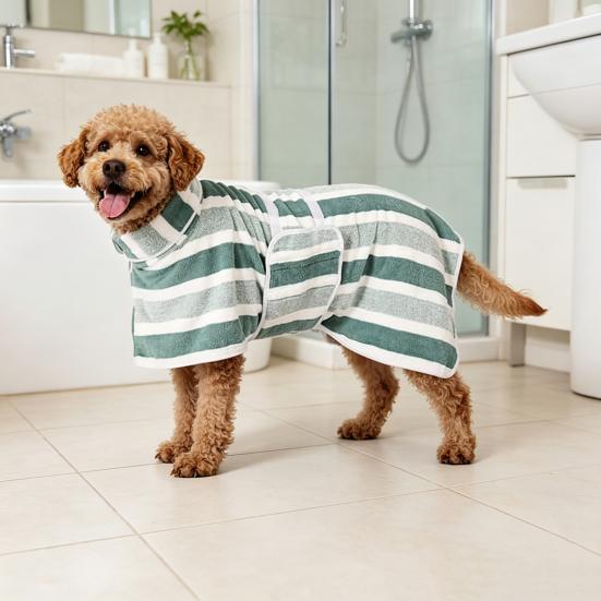 Quick-Drying Dog Bathrobe Striped Dog Wrap Towel with Belly Band Super Absorbent Pet Grooming Towel Robe for Dogs After Bath Machine Washable