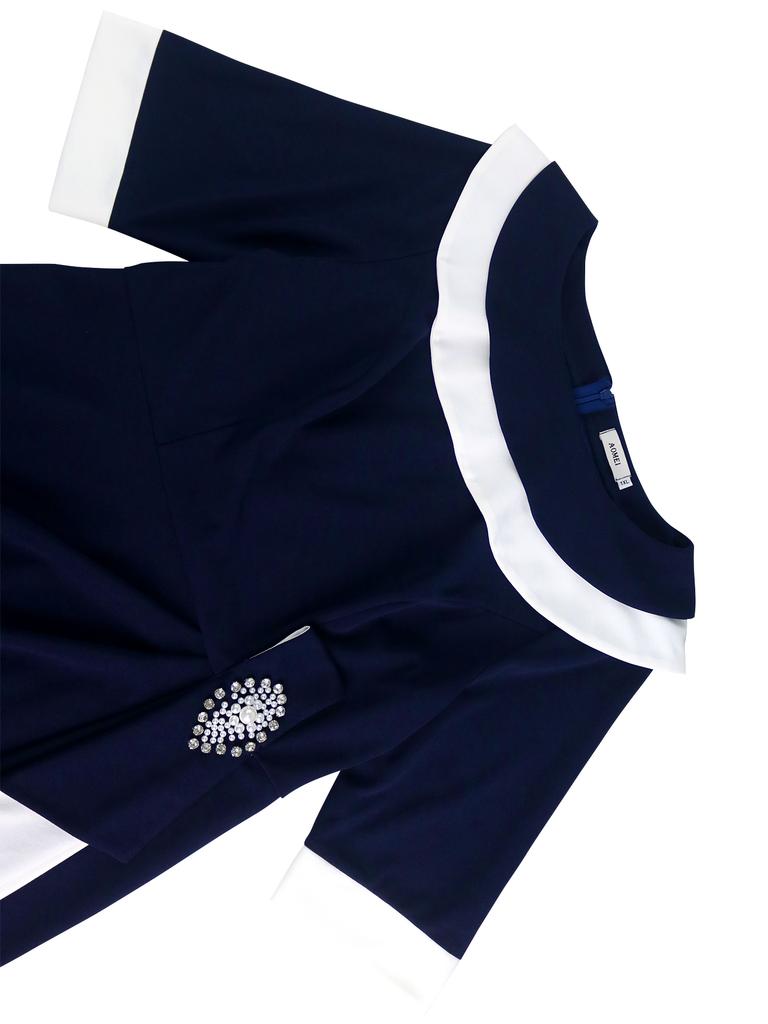 Elegant Navy Blue Midi Dress for Women Contrast Collar Half Sleeve Bodycon Style with Decorative Fold Church Wedding Guest Formal Office Wear