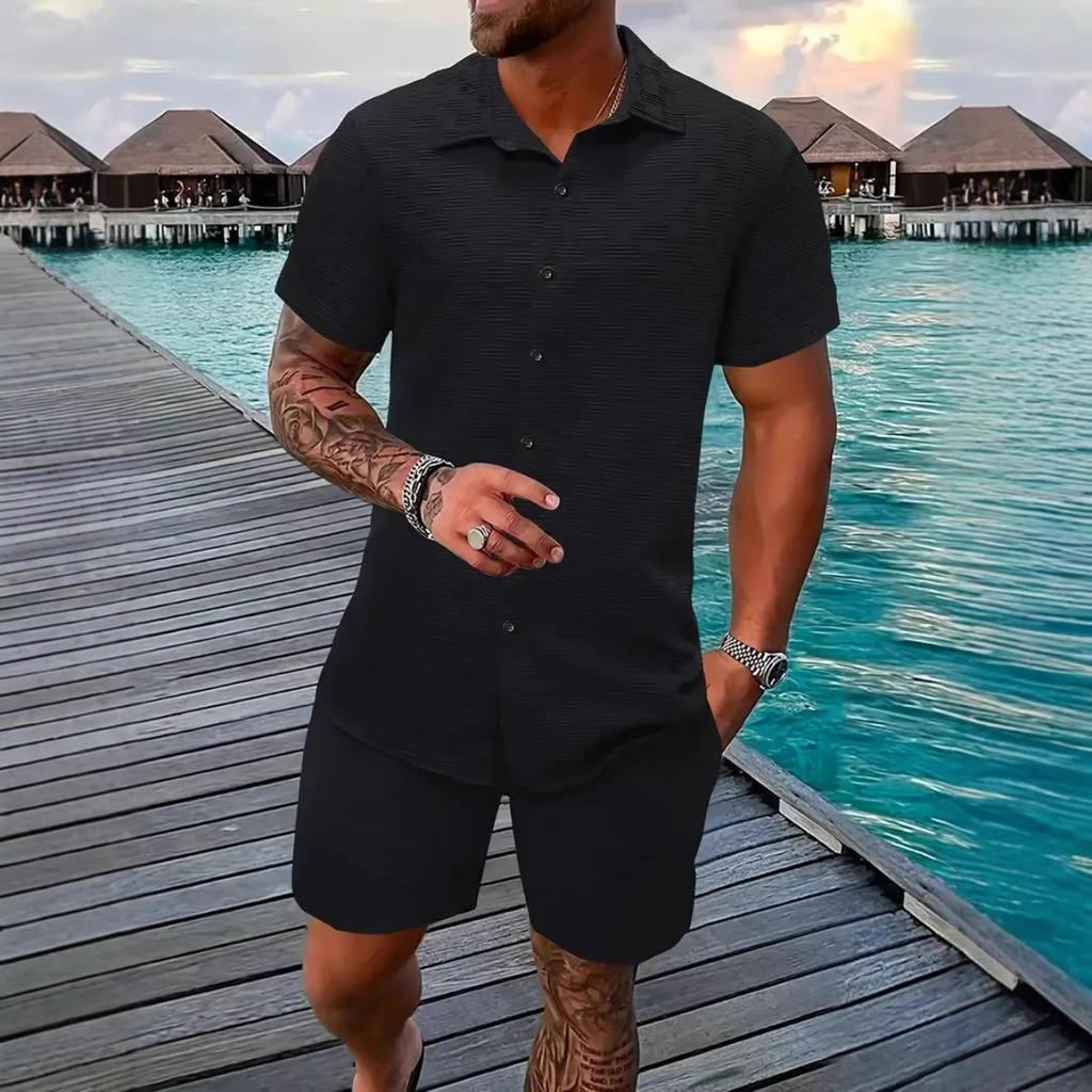 Men's Lightweight Summer Beach Set: Casual Short Sleeved Button Up Shirt and Elastic Waisted Shorts - Polyester Fiber Blend, Beach Casual Clothing