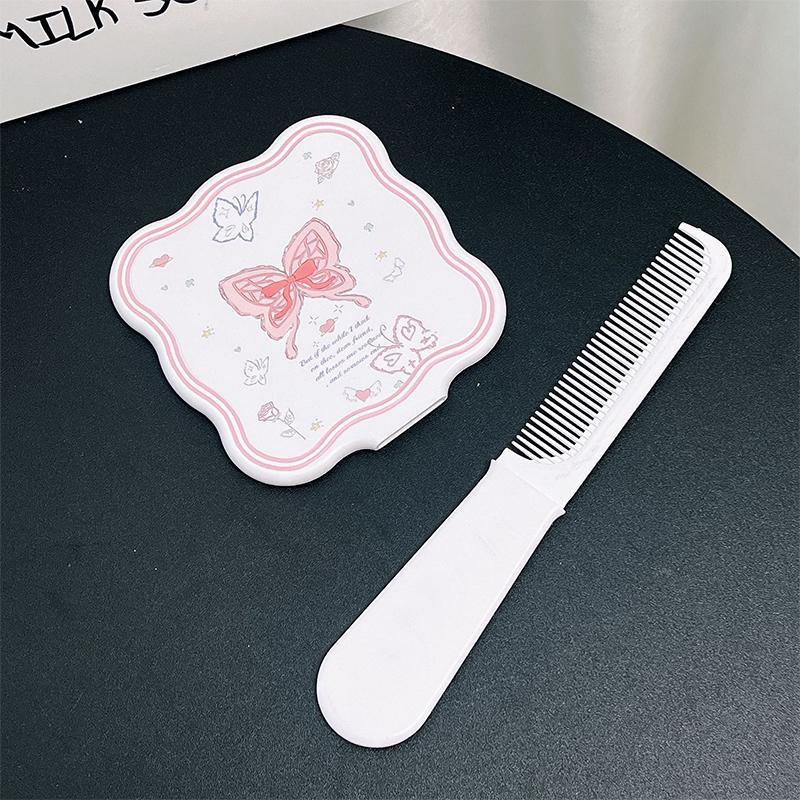 Portable Bow Cute Pink Mirror Comb Handheld Mirror Comb Extracted Integrated Hair Brush Massage Styling Tool Make Up Mirror