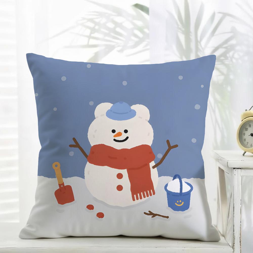 C-Christmas Snowman Bear Pillow Cute Cushion Cover Daily Washable Linen Pillowcase Soft For Sofa Bed Home Room Decor