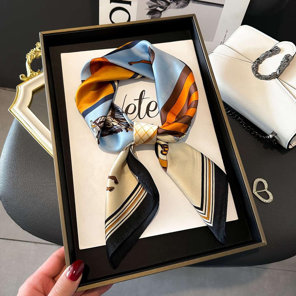 High Quality Luxury Print Silk Square Scarf Women Soft Satin Horse Hairband Neckerchief Office Hijab Headband Foulard Bag Ribbon