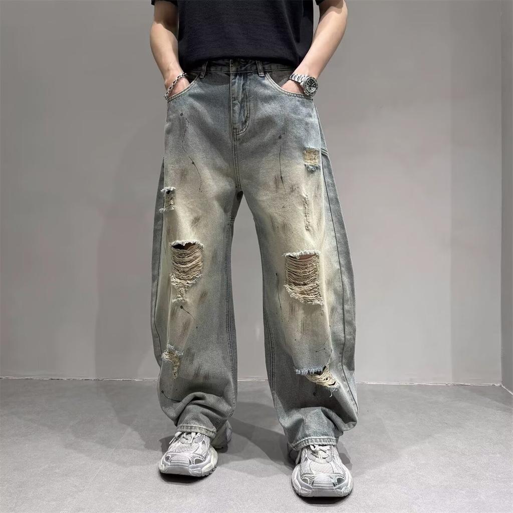 American High Street Vibe Casual Ripped Jeans Men's Summer Thin Loose Straight Wide Legs Trendy Brand Ruffian Handsome