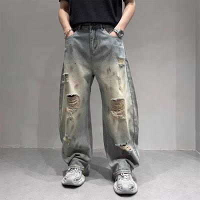 American High Street Vibe Casual Ripped Jeans Men's Summer Thin Loose Straight Wide Legs Trendy Brand Ruffian Handsome