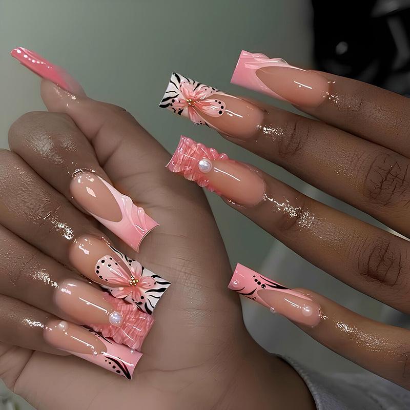 24Pcs Sweet Medium Square False Nails with Glue Blush Pink Flowers Fake Nails Full Cover French Acrylic Press On Nails for Girls