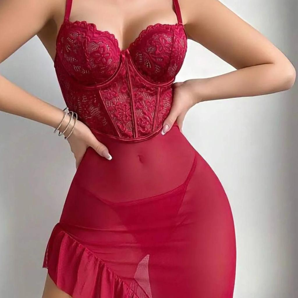 European and American Large-size Sex Underwear, Sexy Lace Steel Ring Suspender Nightdress, Perspective Mesh Pajamas