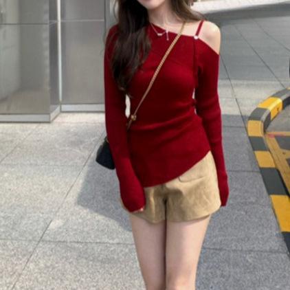 Design slanted shoulder knitted top women's inner wear autumn new niche irregular slim-fitting chic shirt bottoming shirt
