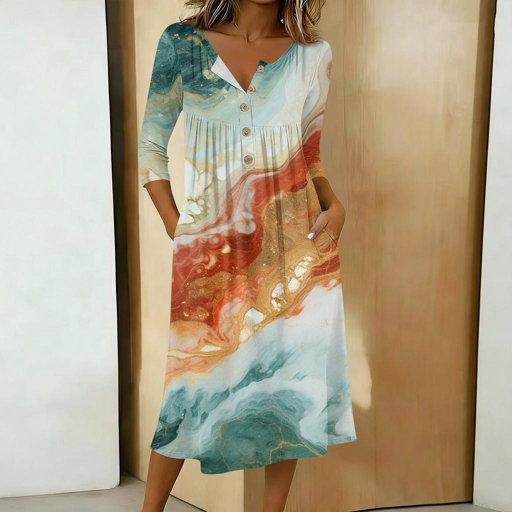 Women's Fashionable Color Printed Round Neck 3/4 Sleeve Button Collar Mid Length Casual Dress