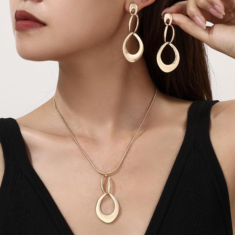Elegant Metal Water Drop Ring Tassel Long Pendant Necklace Earrings Jewelry Set