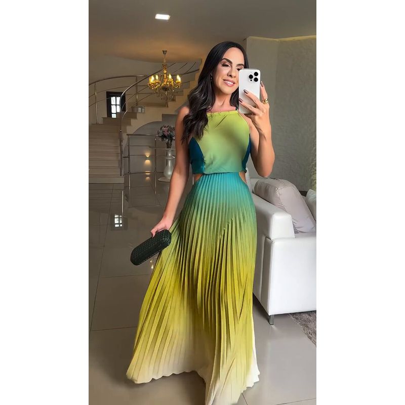 

European and American Women clothes 2025 New Fashion Temperament Hanging Neck Pleated Gradient Color Dress Long dress B104 color green XXL