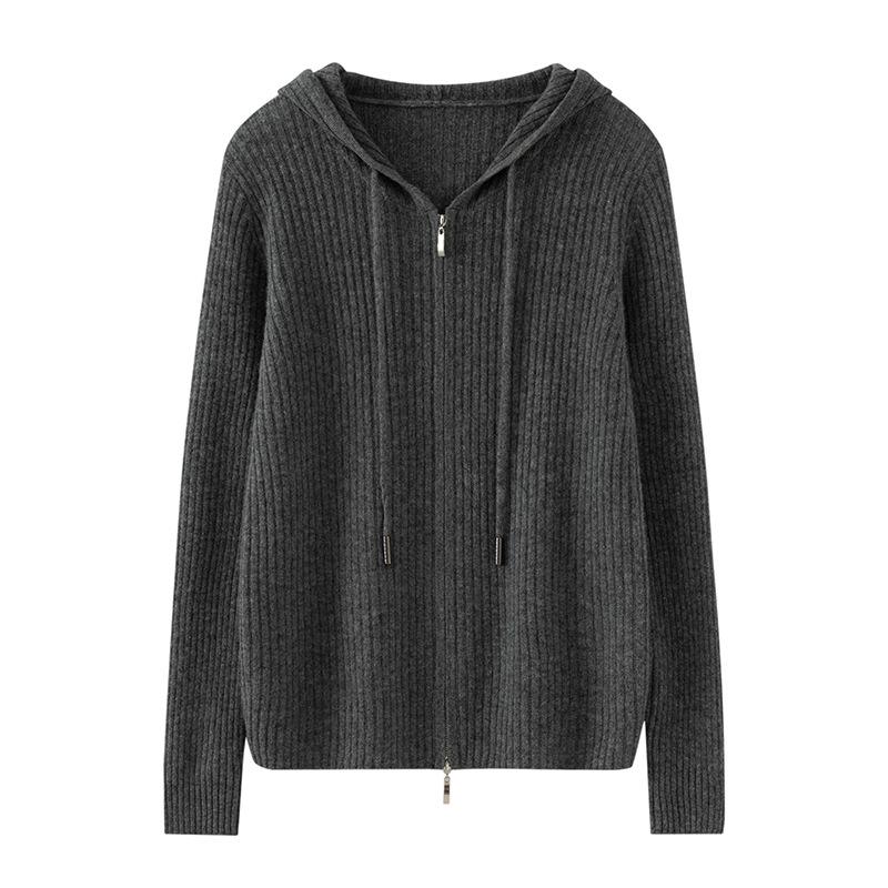 Women's 100% Pure Cashmere Striped Zipper Hooded Cardigan Sweater