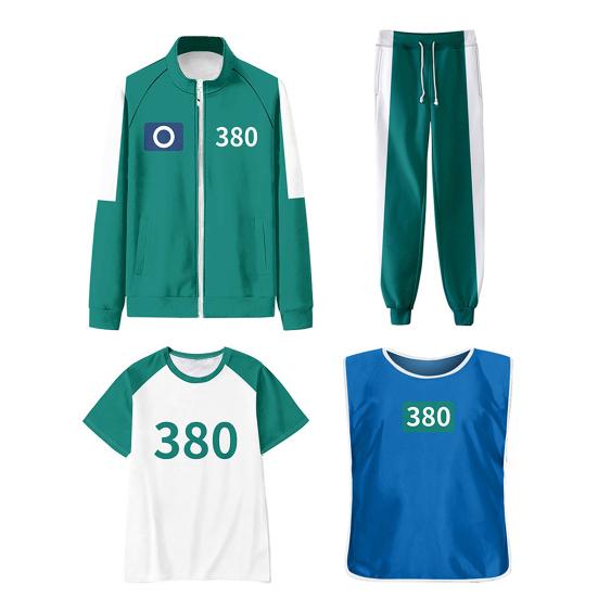 Kostým Squid Game Cosplay Čtyřdílná sada Tepláková souprava Oblečení Bunda Tričko Vesta Kalhoty Sada Sportovní mikina Halloweenský Karnevalový Párty Kostým