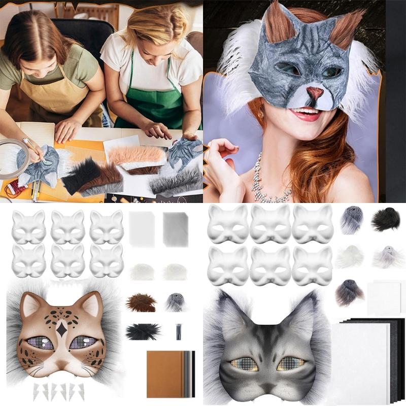 29/42Pcs Unpainted Cats Face Mask Paper Mask with Furry Trim Felted Cloth Eye Mesh Unpainted Masquerades Mask for Craft