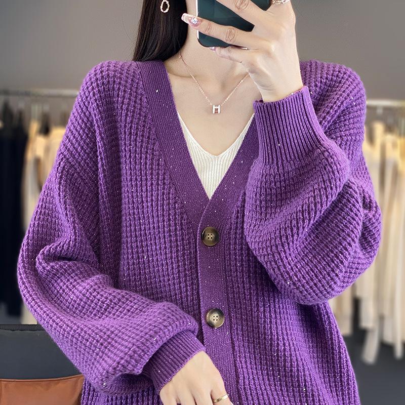 V-Neck Wool Cardigan Jacket Women'S Thickened Loose Ingot Needle Sweater Knitted Sweater Solid Color Top Autumn And Winter Wool Sweater