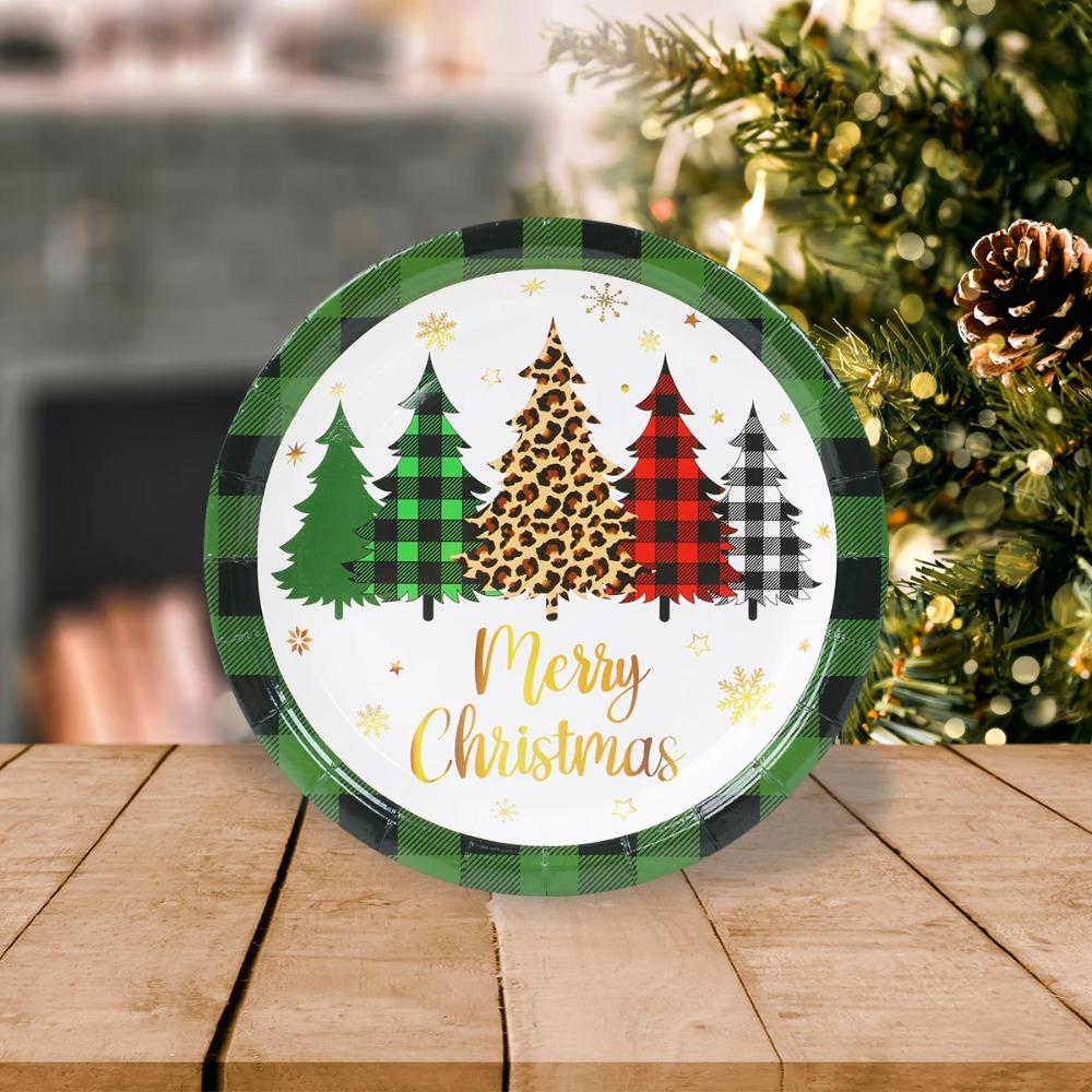 Plaid Print Christmas Disposable Tableware Set Serves 24 Disposable Paper Tableware  New Year