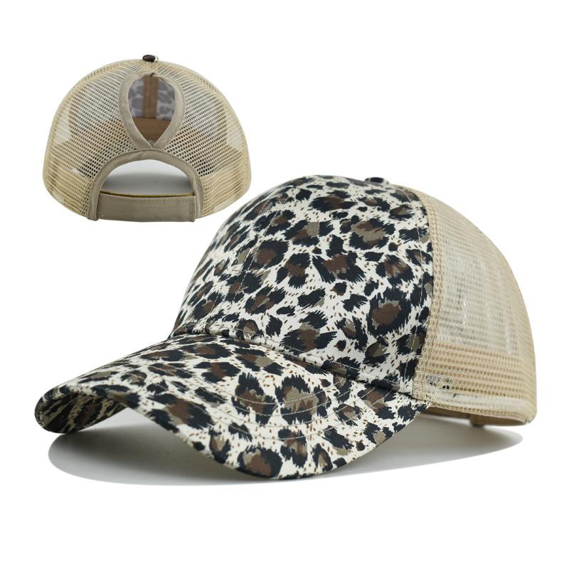 Fashion Leopard Print Baseball Cap Women's Ponytail Hat Adjustable Breathable Mesh Cap