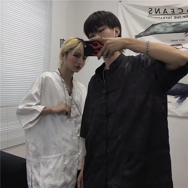 Men's Retro Chinese Tang Suit Short-Sleeved Dragon Pattern Shirt - National Trend Couple's Casual All-Match Jacket