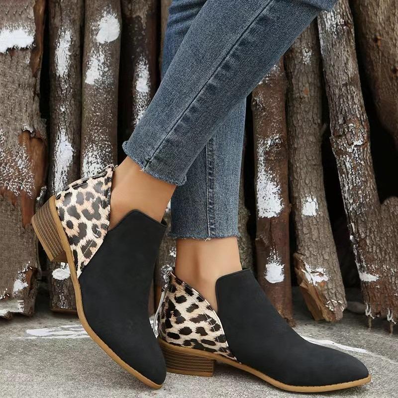 

Women s 2025 Spring Autumn Suede Pointed Toe Leopard Print Genuine Leather High Heels – Deep Vamp Block Heel Stylish Flats 36