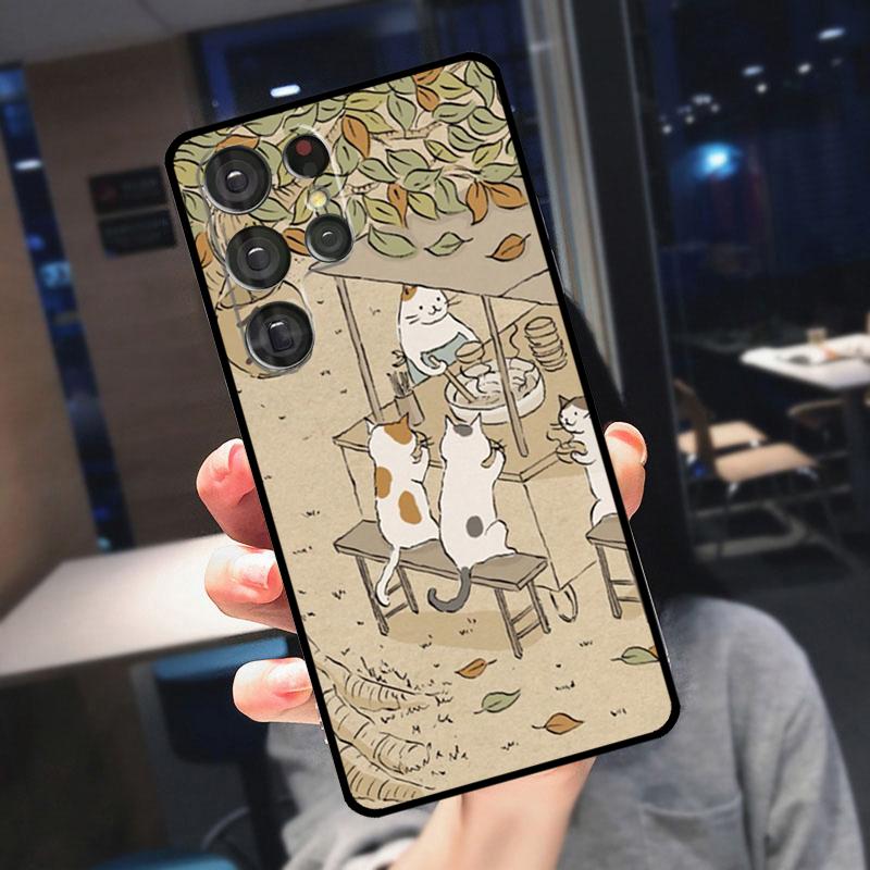 Japanese Cat Drink Pattern Case For Samsung Galaxy S23 Ultra S22 Ultra S20 FE S21 FE Note 10 20 S8 S9 S10 Plus Cover