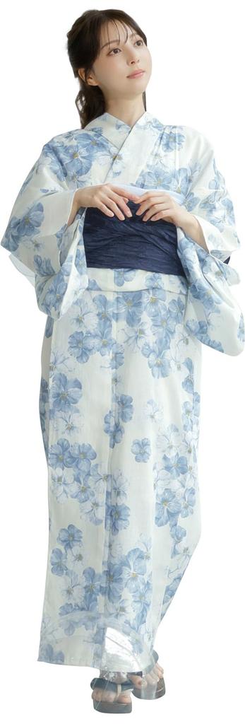 Yukata Heiko Obi Light Transparent Floral Easy to Wear by One Person no Hana FREE (Dita) Women's 5-Piece Set (Sash), Blue, White, Navy, Blue,