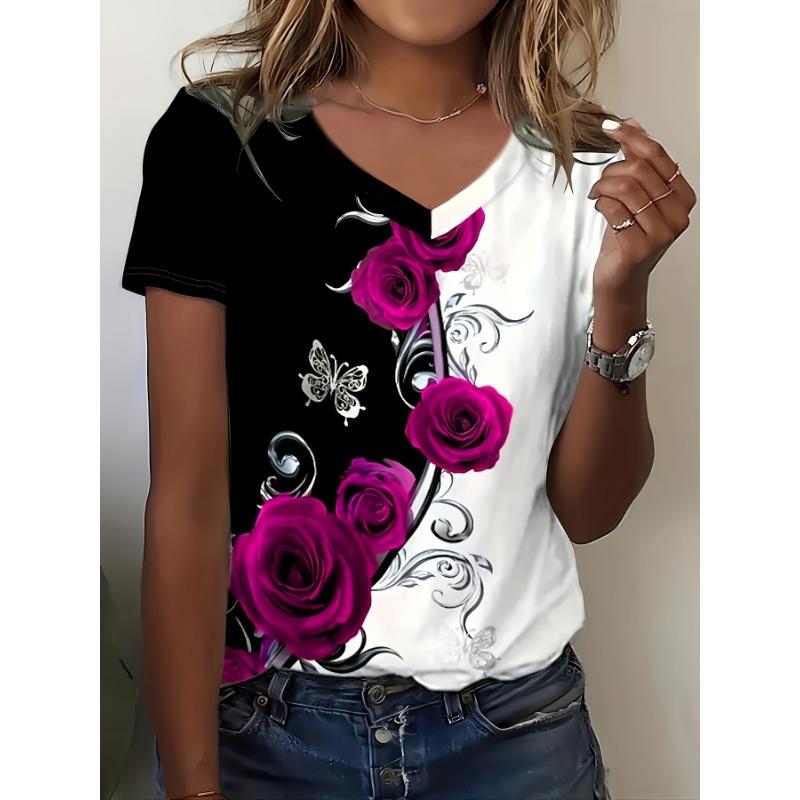 Rose Print Contrasting Short Sleeved T-shirt, Women's Casual Round Neck Top