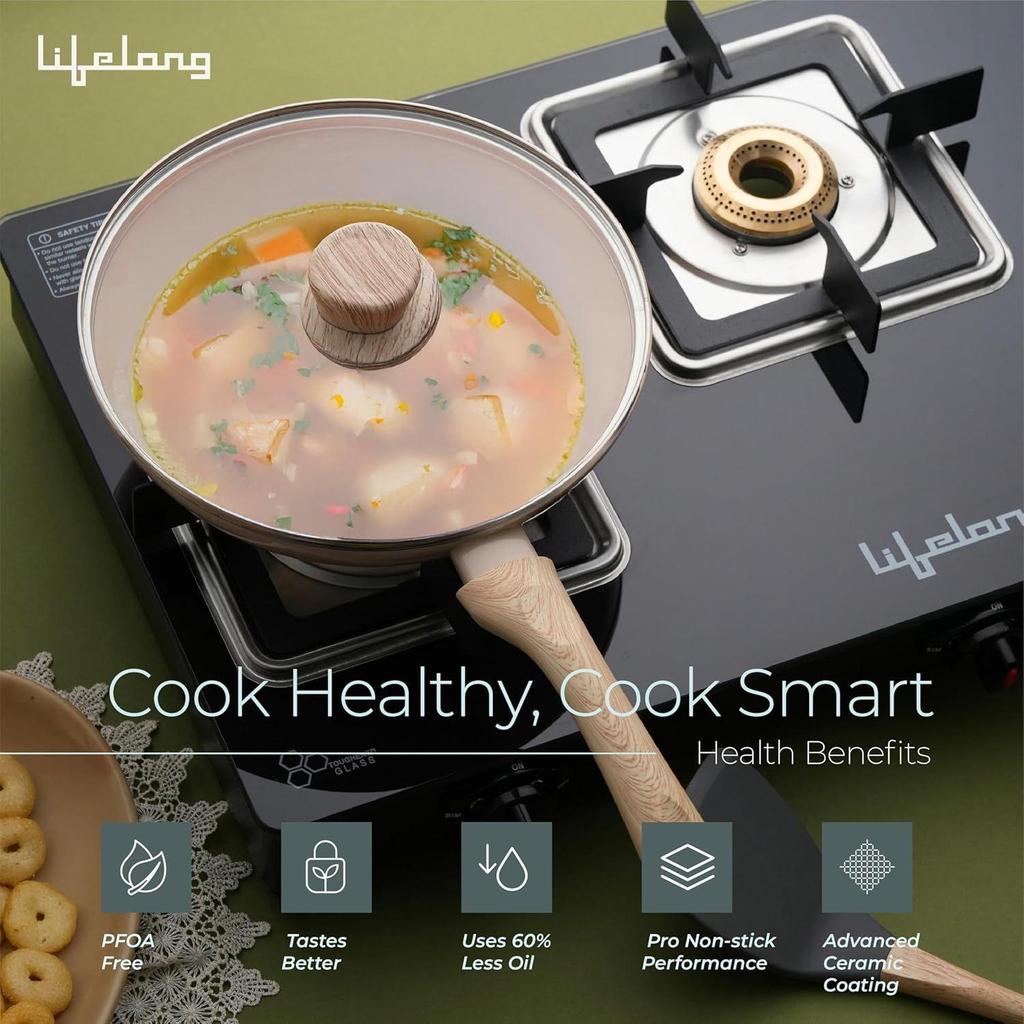 Forged Fry Pan 24cm with Glass Lid | 1.8Ltr| Ceramic Coated | Gas Stove and Induction Friendly | Non-Stick, Teflon Free & Durable