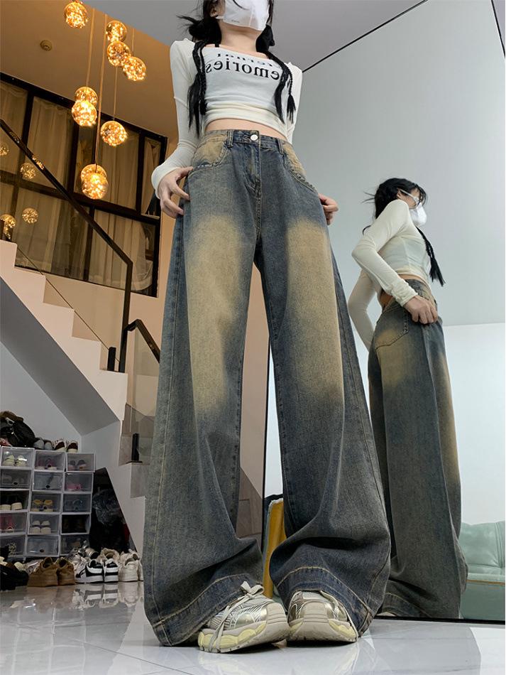 American Vintage Women's Wide Leg Jeans - Autumn 2025 Plus Size, High Waist, Floor-Length Draping Pants.