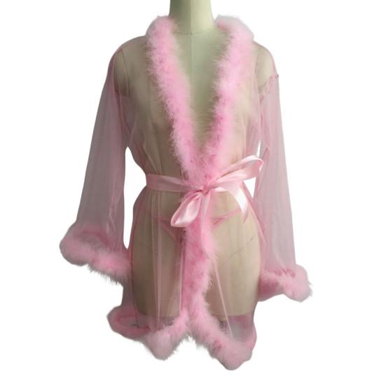 Dámská noční košile s plyšovým lemem Ultra tenký průsvitný volán ze síťoviny s nastavitelným zavazováním v pase Jednobarevné skládané Slutty Pyžamové oblečení na párty