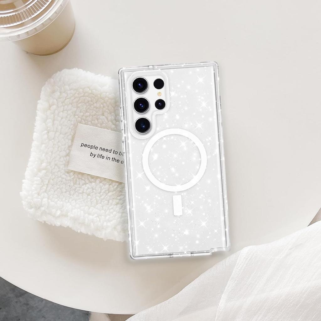 For Samsung Galaxy S23 Ultra Magnetic Case, Luxury Sparkle Bling Glitter Clear Case for Women Girls Men Full Body Drop Protection Bumper Shockproof