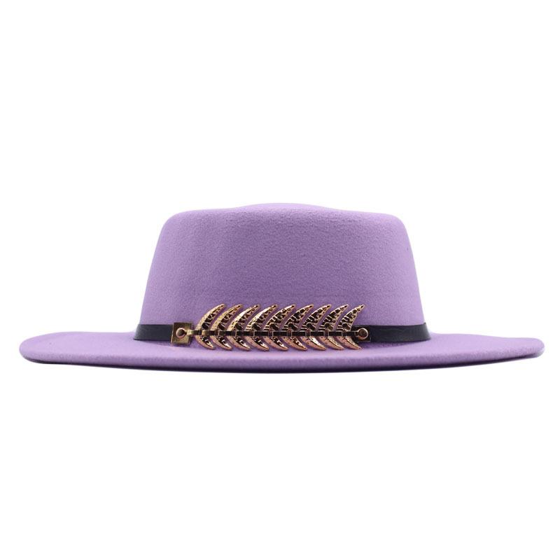 Autumn and winter new women's flat top wide brimmed hat imitation wool top hat felt hat fishbone metal buckle concave shape multi-color