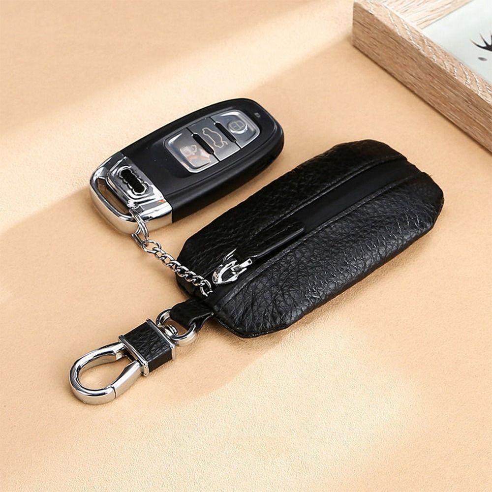 Creative Genuine Leather Car Keys Bag Waterproof Zipper Universal Car Key Cover Durable Pure Color Soft Surface Key Pouch
