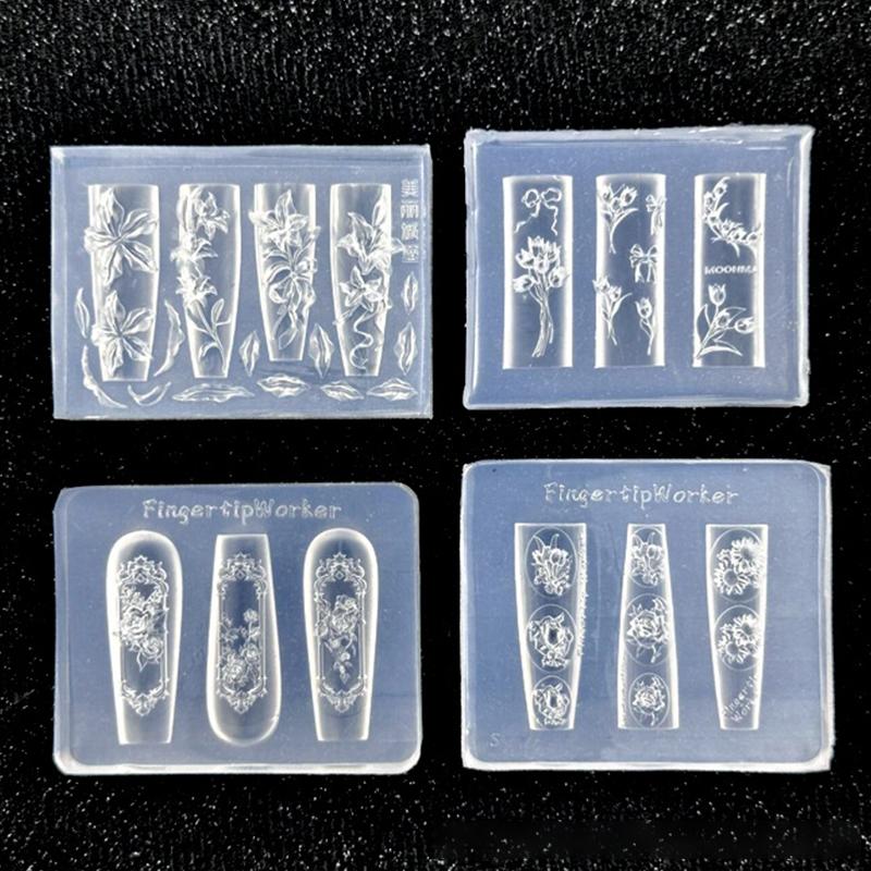 Flowers Rose Tulip Nail Silicone Relief Nail Art Mold Nail Salon Manicure Tool DIY Nail Decoration Accessories