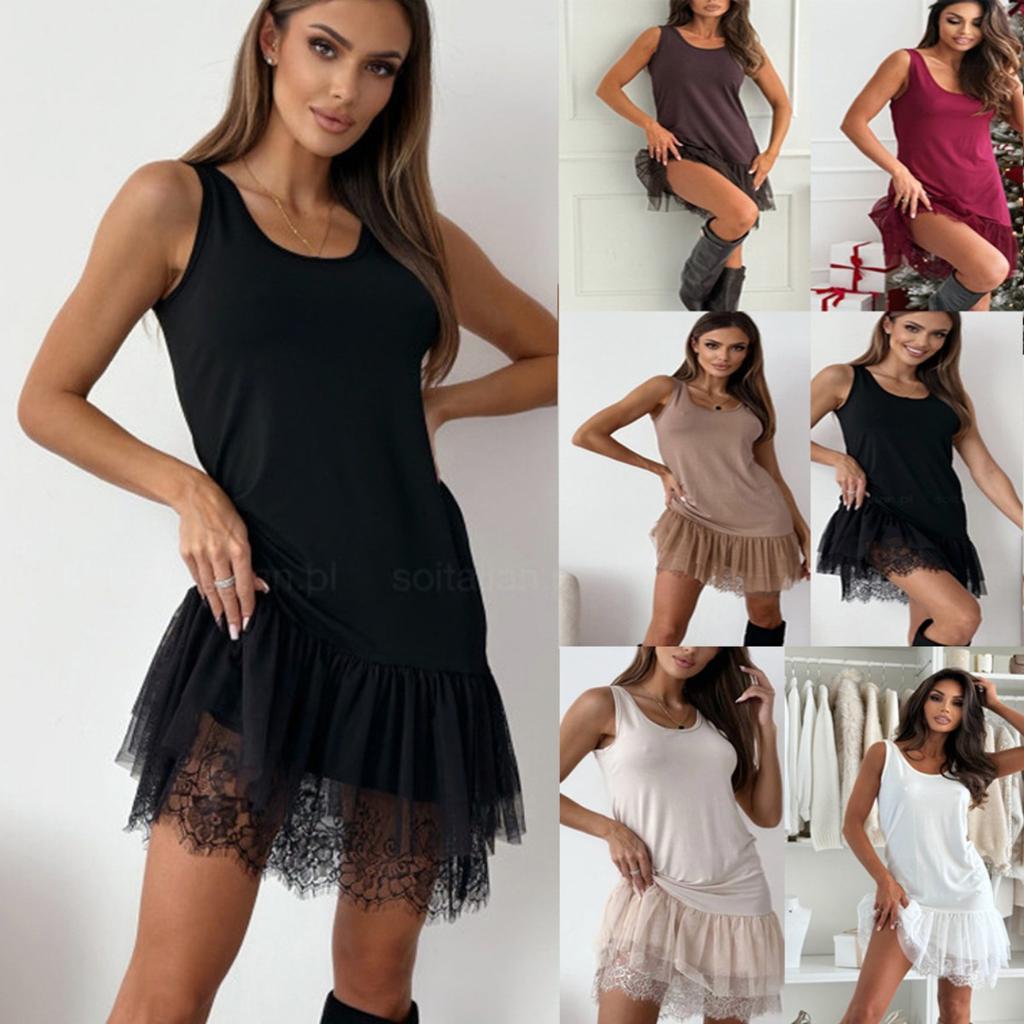 Mini Abito da Donna Girocollo Senza Maniche Mini Vestito Vestibilità Aderente Vita Alta Orlo in Pizzo Vestito da Sera per Club