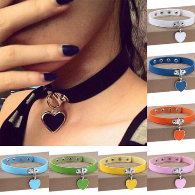 Punk Gothic Women Love Heart Pendant Faux Leather Choker Collar Necklace Bracelet AVE